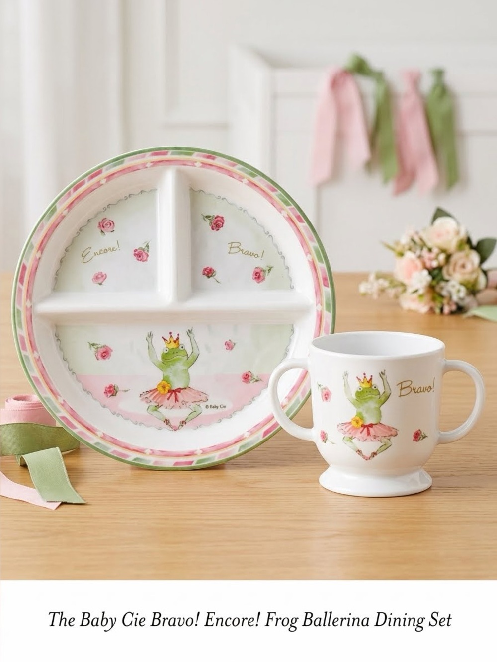 BABY CIE MELAMINE SECTION PLATE and CUP BRAVO! ENCORE! Frog ballerina lot of 2